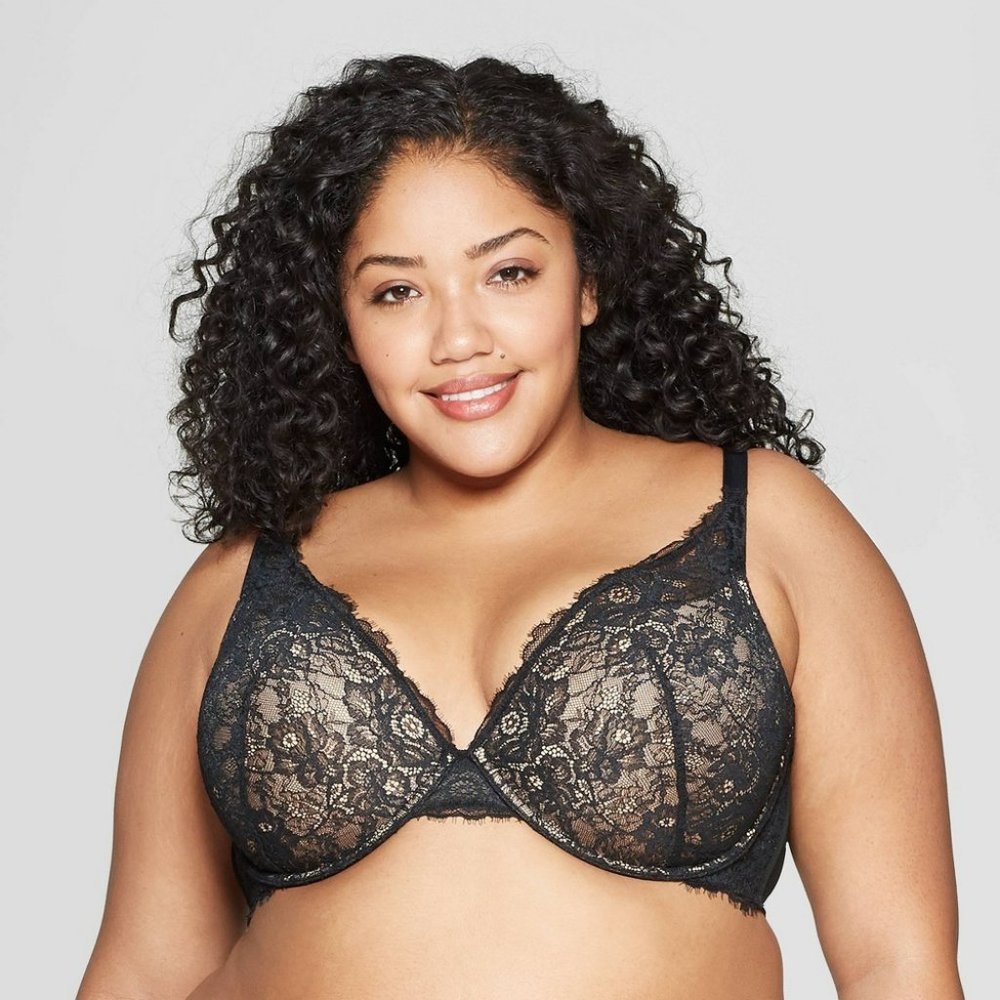 Auden The Sublime Bra 44C Black Lace Plunge Coverage Push Up Underwire NEW